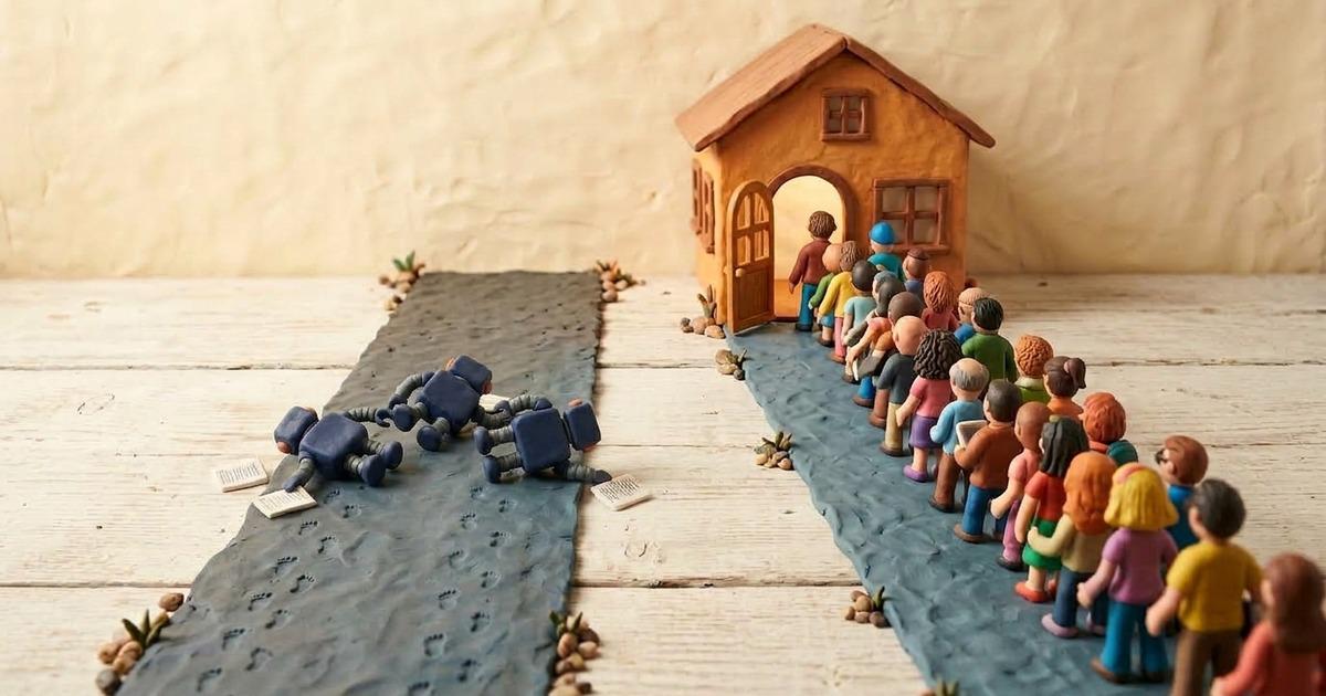Dwie plastelinowe ścieżki prowadzące do drzwi sklepu: po lewej trzy roboty kurierzy przewrócone na bok, z rozsypanymi wokół papierami, a po prawej nieprzerwana kolejka ludzi wciąż wchodzących do środka