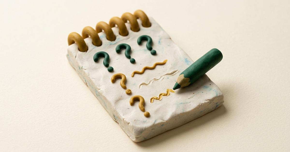 A stop-motion clay notepad holding five modeled question marks, three in green and two in gold, with a clay pencil resting across it