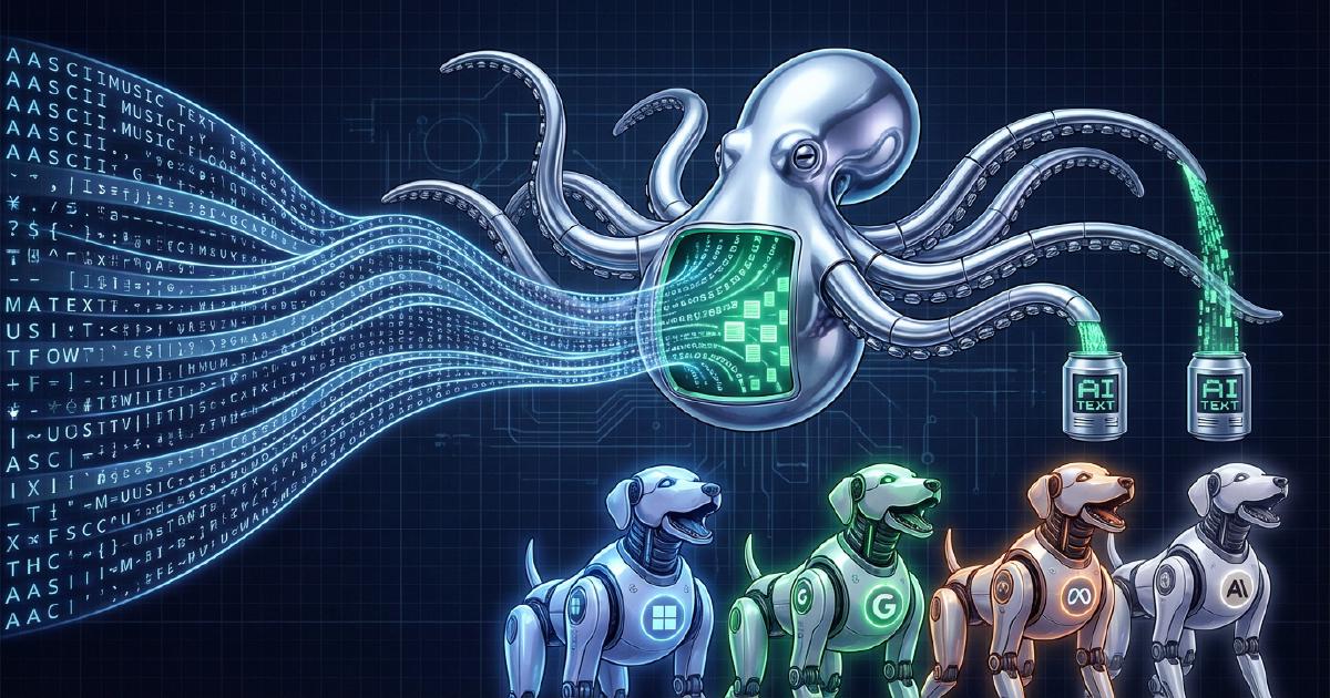 A chrome robot octopus receives a stream of ASCII characters and pours ML-transformed product data into robotic AI model dogs — representing how Shopify's Catalog API ingests merchant product descriptions and outputs inferred fields for AI agents