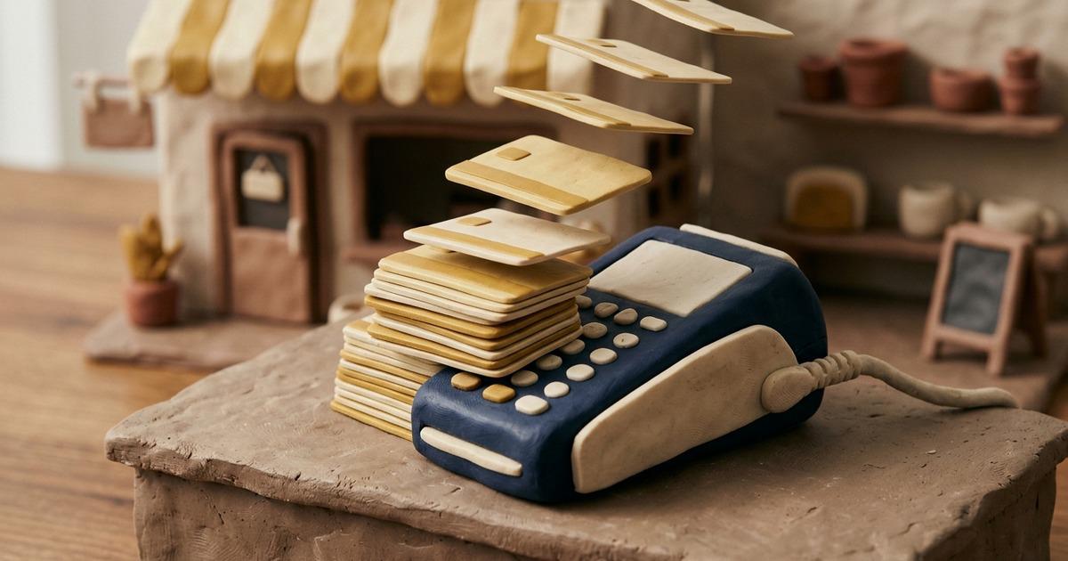 A clay checkout terminal with a queue of identical cards being fed through it while the storefront beside it sits untouched