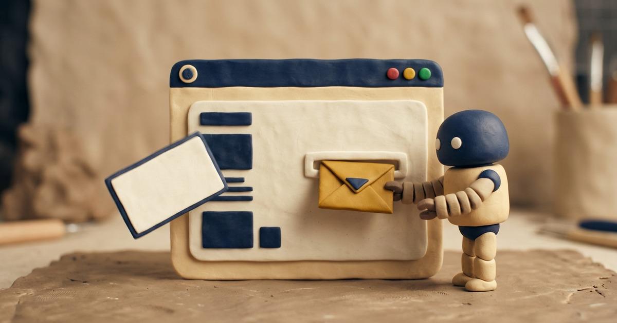A claymation browser window with a popup card tipping away from it while a small clay robot posts an envelope into a slot in the page