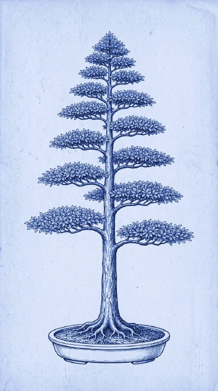 Blue-toned vintage botanical illustration of a formal upright bonsai, in the WISLR theme