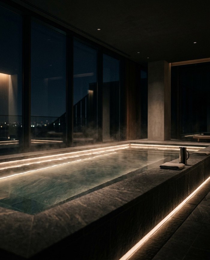 A candlelit stone spa with a still reflecting pool and steam rising