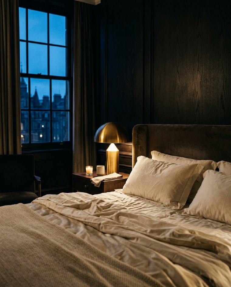 A boutique hotel suite at dusk, turned-down bed and one warm brass lamp