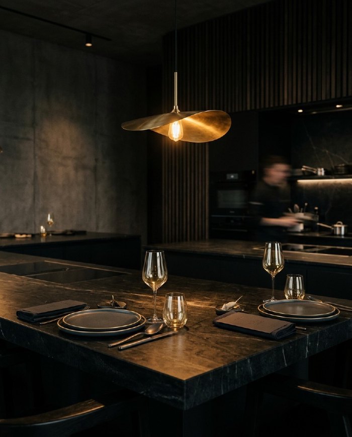 A candlelit dining table for two set with crystal and white linen