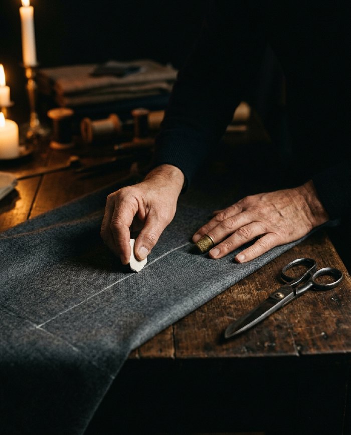 A tailor chalking charcoal cloth in a candlelit atelier