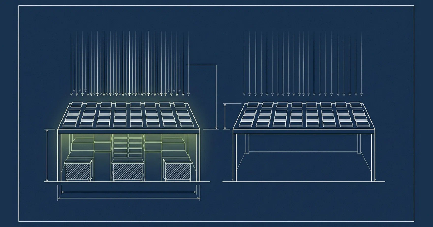 Lukisan gaya pelan bina dua product grid ecommerce bersebelahan: yang dirawat bersinar, dengan blok kandungan diprarender dibina di bawahnya, dan holdout yang tidak disentuh di sebelahnya tanpa apa-apa di bawah grid, kedua-duanya di bawah hujan permintaan crawler AI
