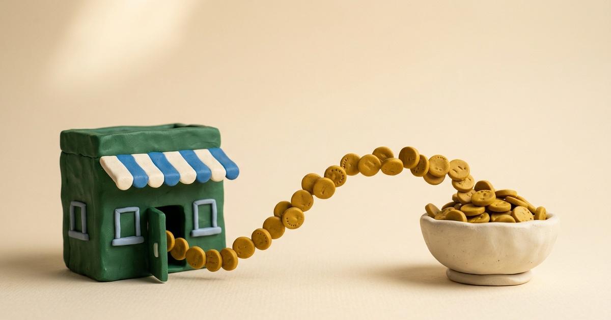 A clay storefront sending an arc of coins into a partner's bowl, representing Shopify's new GMV-linked partner earning model