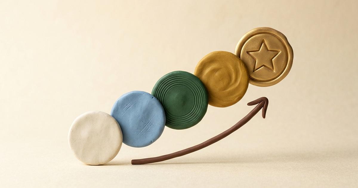 Five clay badges climbing along an upward arrow, representing the five Shopify partner tiers from Registered to Platinum