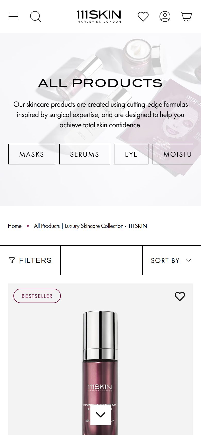 111Skin collection: all products on mobile, Shopify luxury beauty storefront captured at 390 x 844