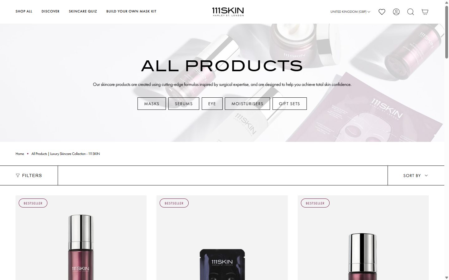 111Skin collection: all products on desktop, Shopify luxury beauty storefront captured at 1440 x 900