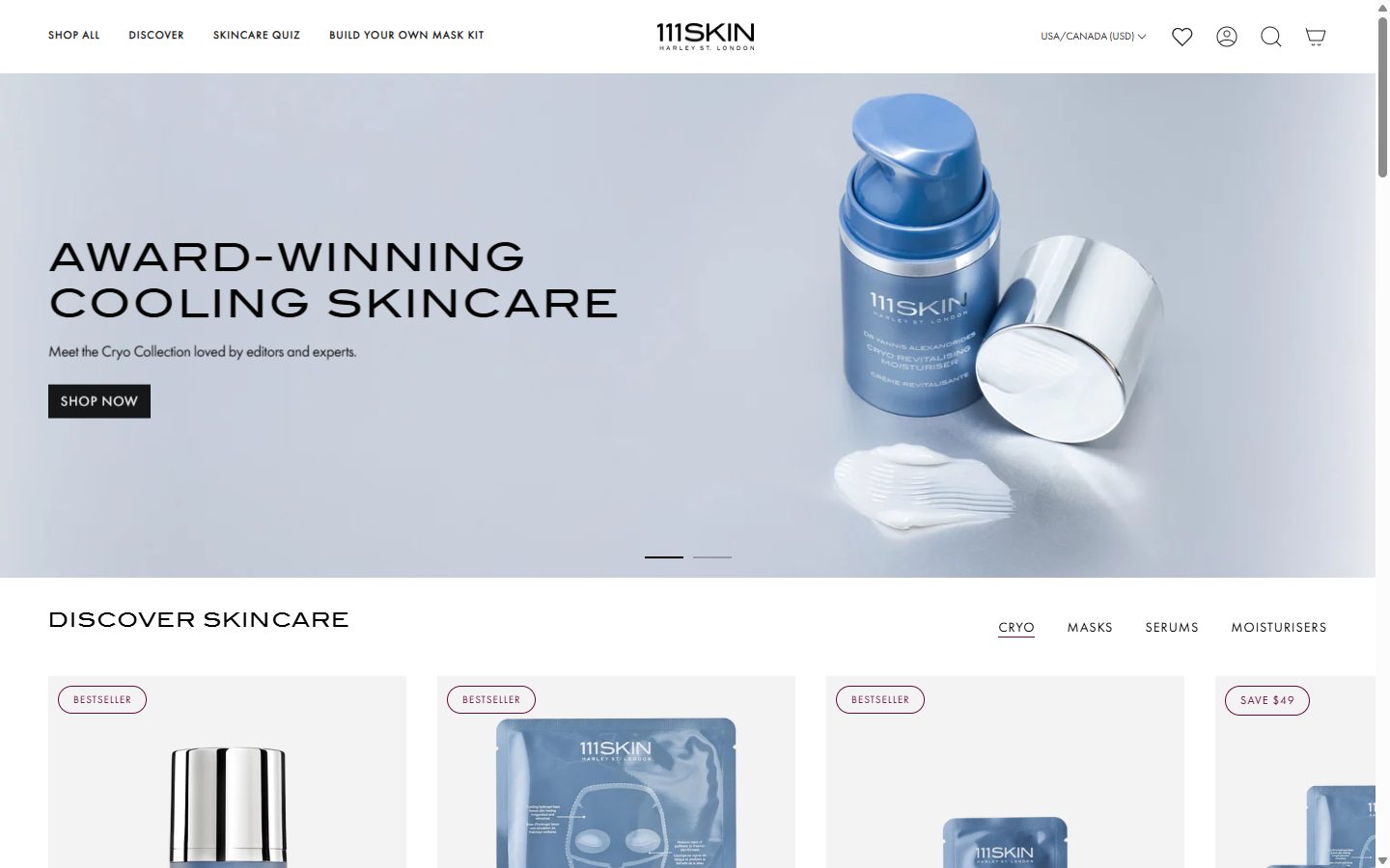 111Skin homepage on desktop, Shopify luxury beauty storefront captured at 1440 x 900