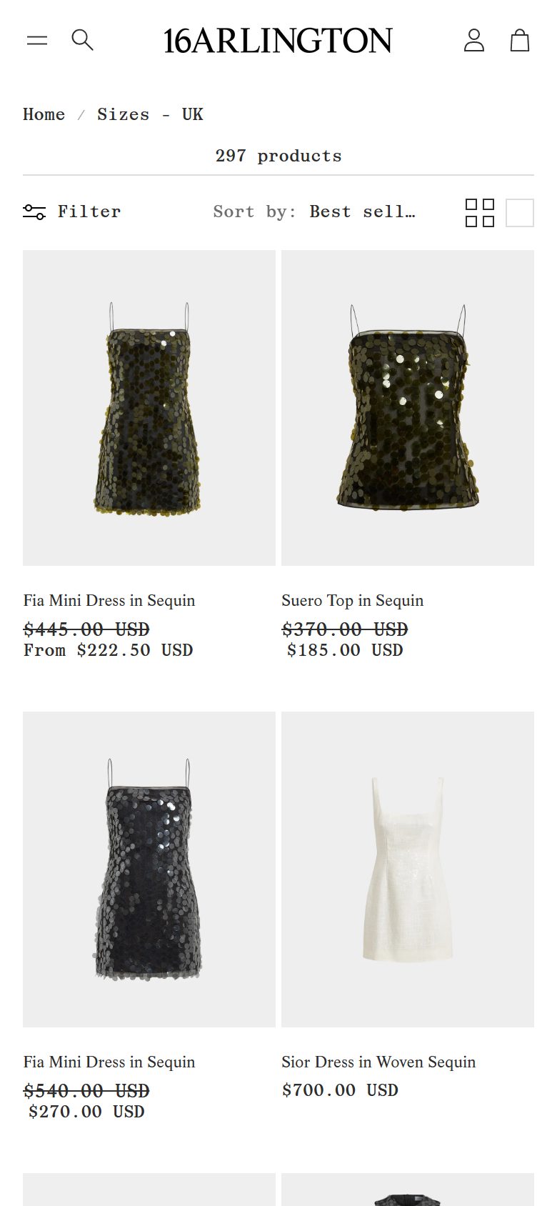 16Arlington collection: sizes - uk on mobile, Shopify luxury fashion storefront captured at 390 x 844