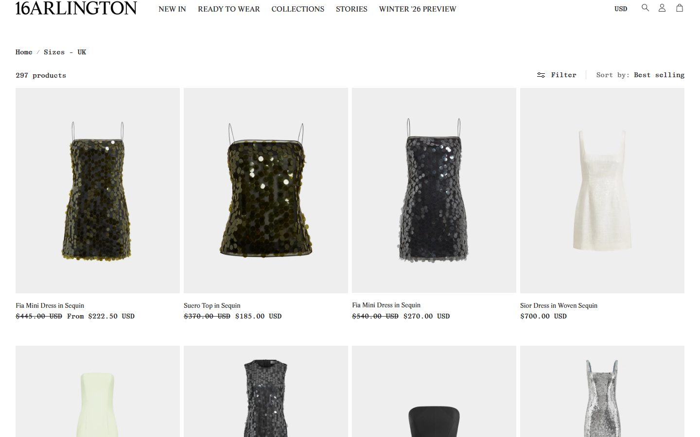 16Arlington collection: sizes - uk on desktop, Shopify luxury fashion storefront captured at 1440 x 900