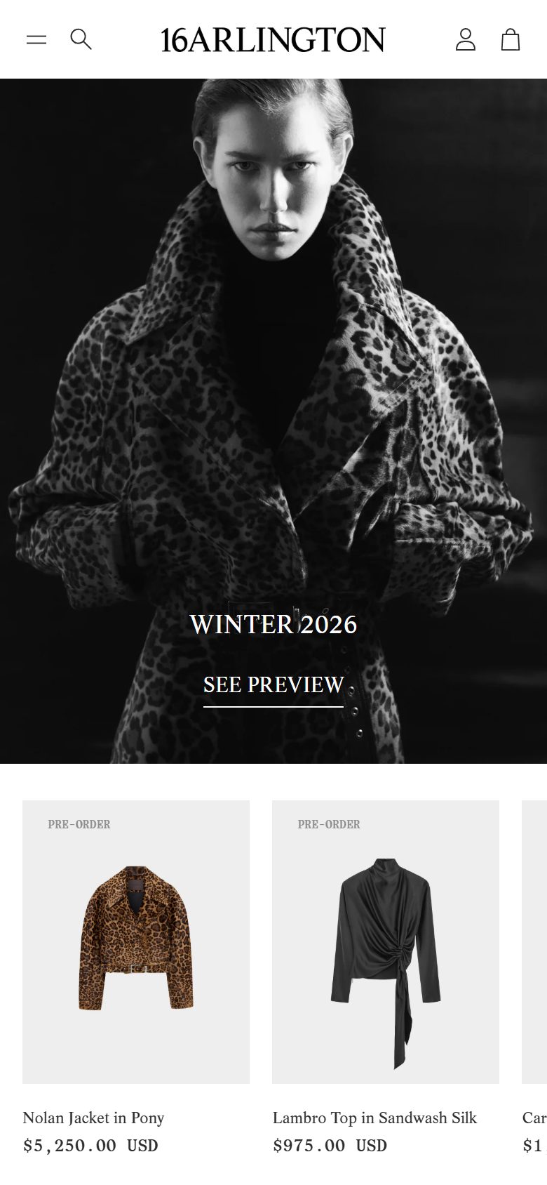 16Arlington homepage on mobile, Shopify luxury fashion storefront captured at 390 x 844