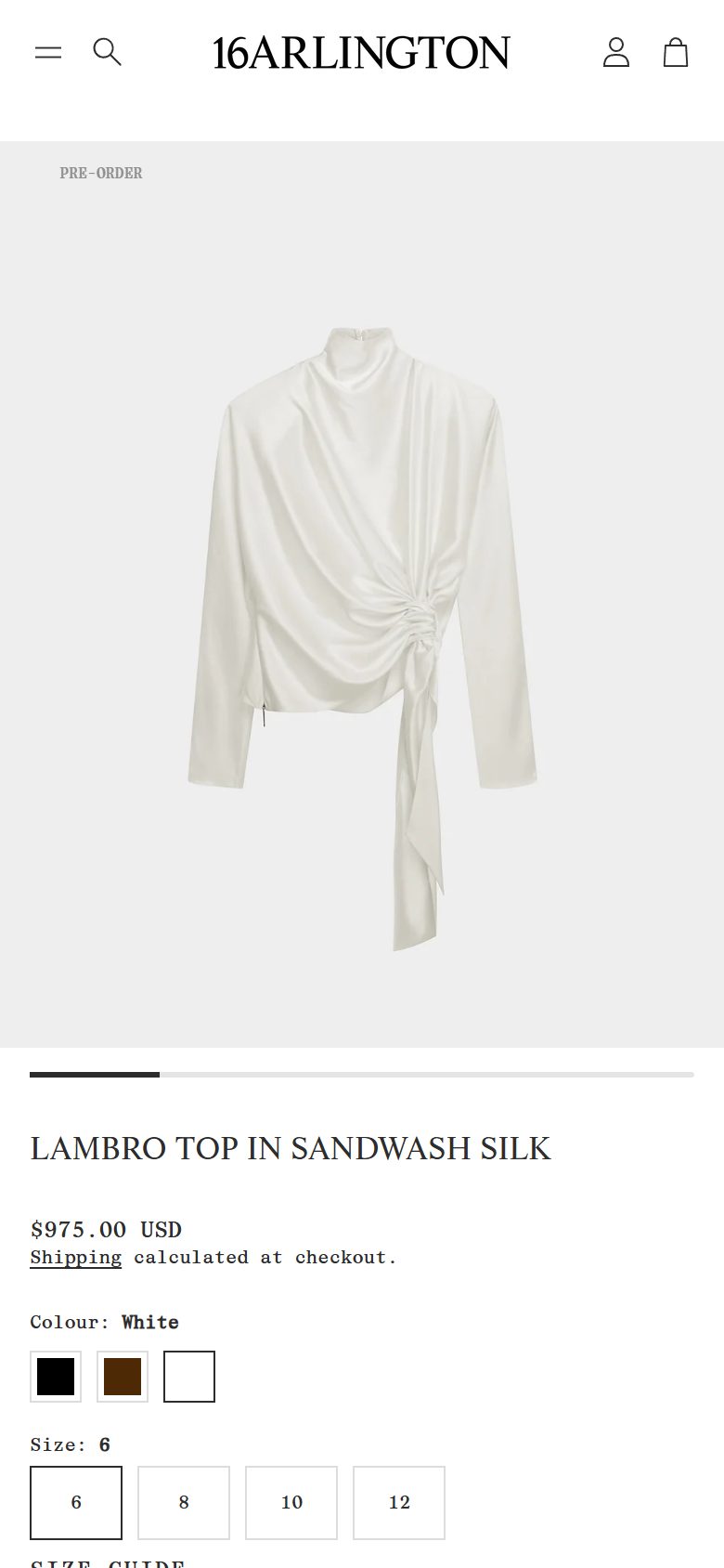 16Arlington product page on mobile, Shopify luxury fashion storefront captured at 390 x 844