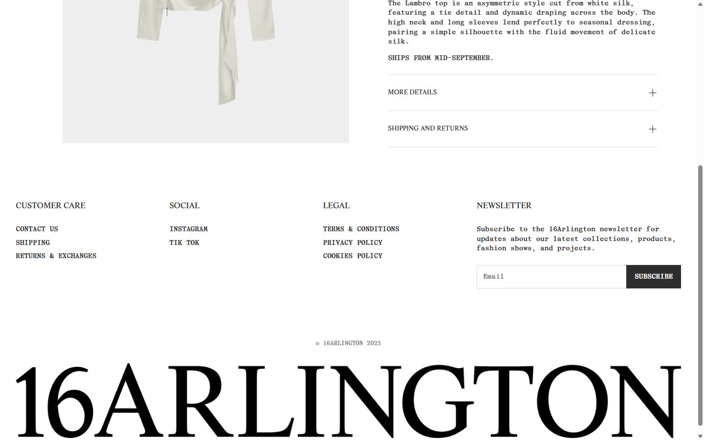 16Arlington product page on desktop, Shopify luxury fashion storefront captured at 1440 x 900
