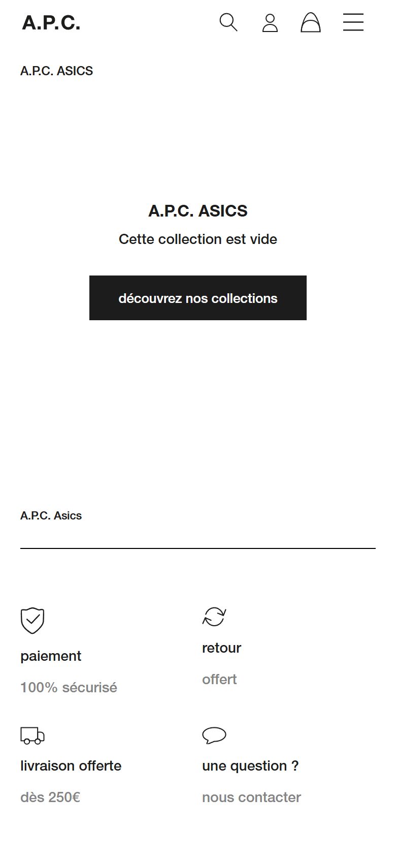 A.P.C. collection: a.p.c. asics on mobile, Shopify luxury fashion storefront captured at 390 x 844
