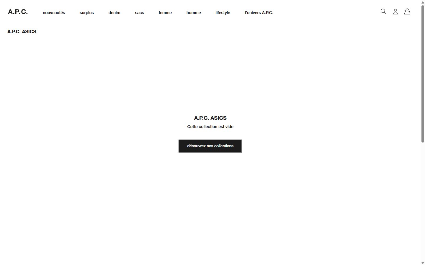 A.P.C. collection: a.p.c. asics on desktop, Shopify luxury fashion storefront captured at 1440 x 900