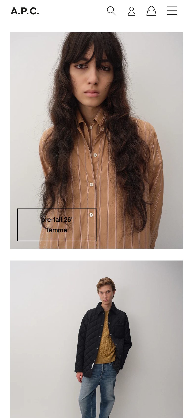A.P.C. homepage on mobile, Shopify luxury fashion storefront captured at 390 x 844