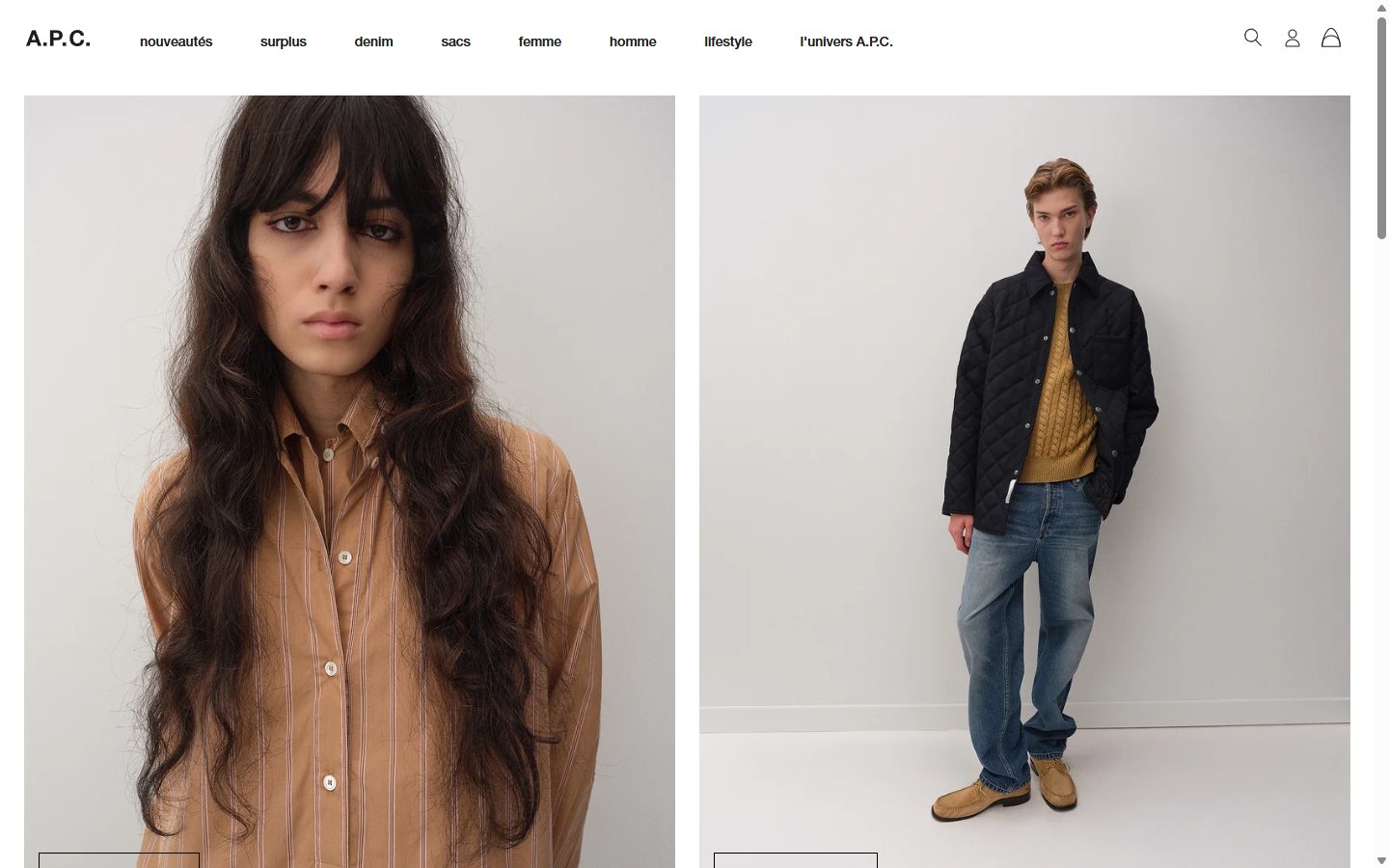 A.P.C. homepage on desktop, Shopify luxury fashion storefront captured at 1440 x 900