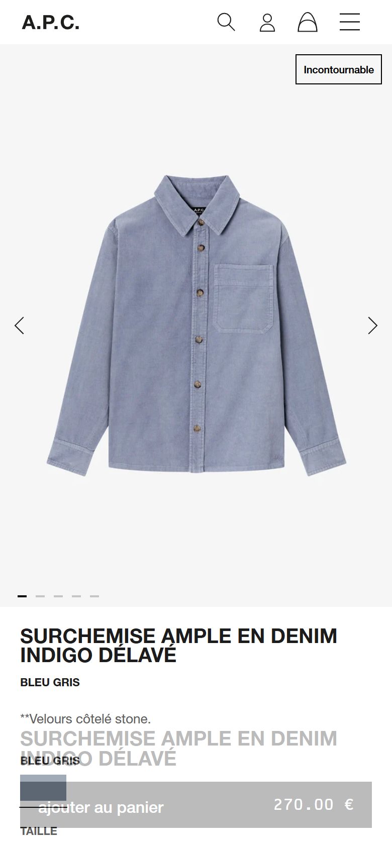 A.P.C. product page on mobile, Shopify luxury fashion storefront captured at 390 x 844