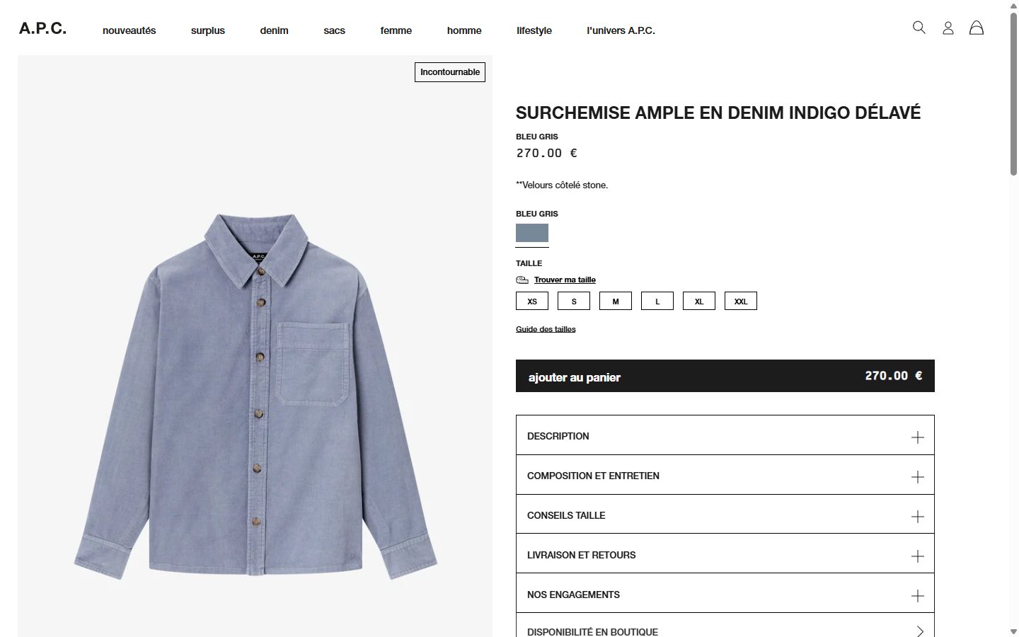 A.P.C. product page on desktop, Shopify luxury fashion storefront captured at 1440 x 900