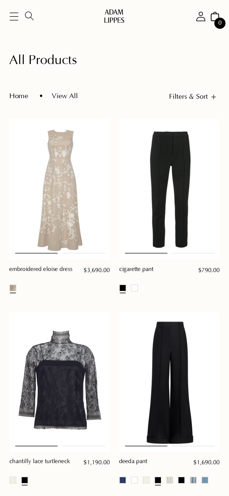 Adam Lippes collection: all products on mobile, Shopify luxury fashion storefront captured at 390 x 844