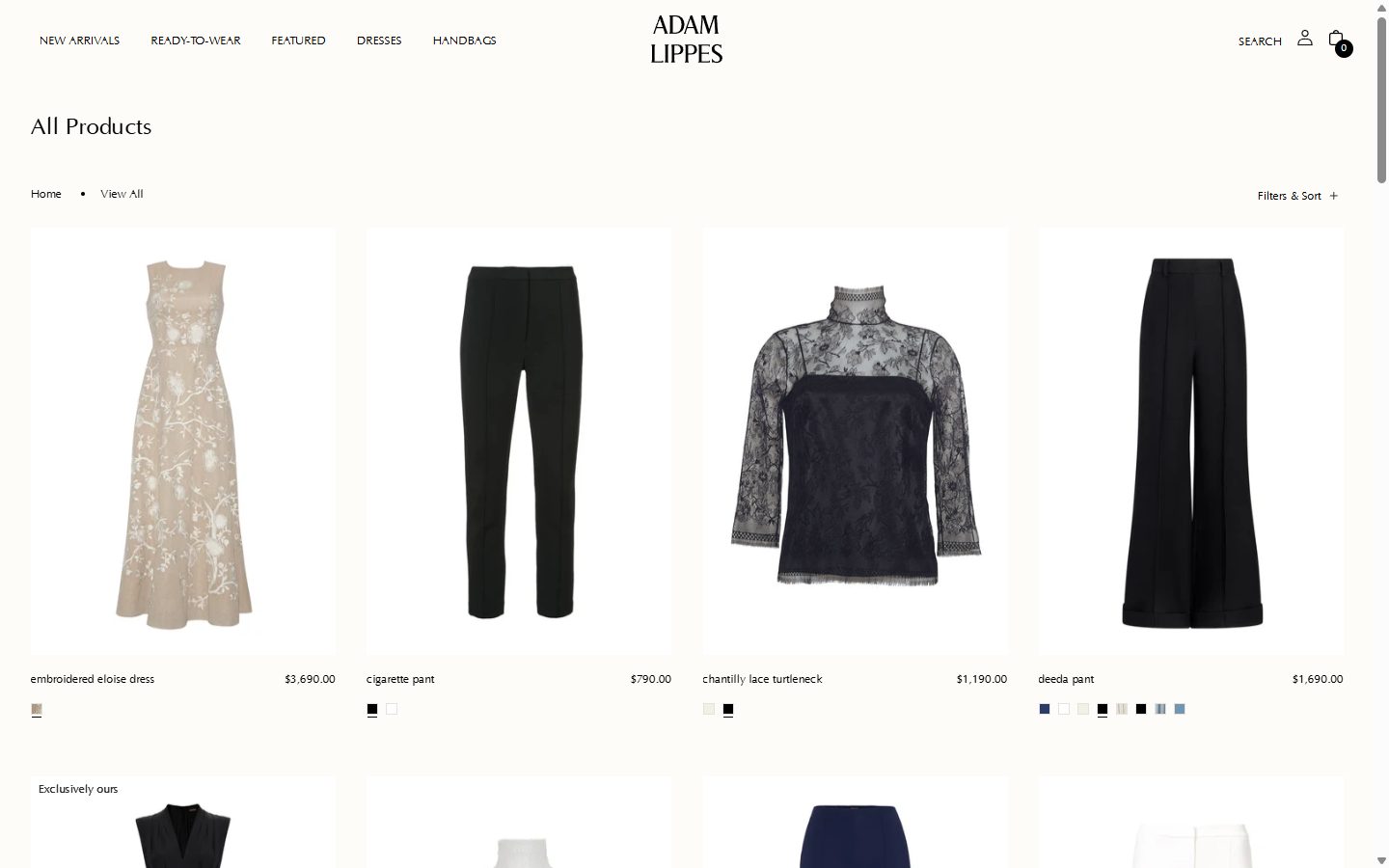 Adam Lippes collection: all products on desktop, Shopify luxury fashion storefront captured at 1440 x 900
