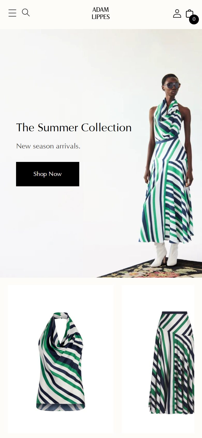 Adam Lippes homepage on mobile, Shopify luxury fashion storefront captured at 390 x 844