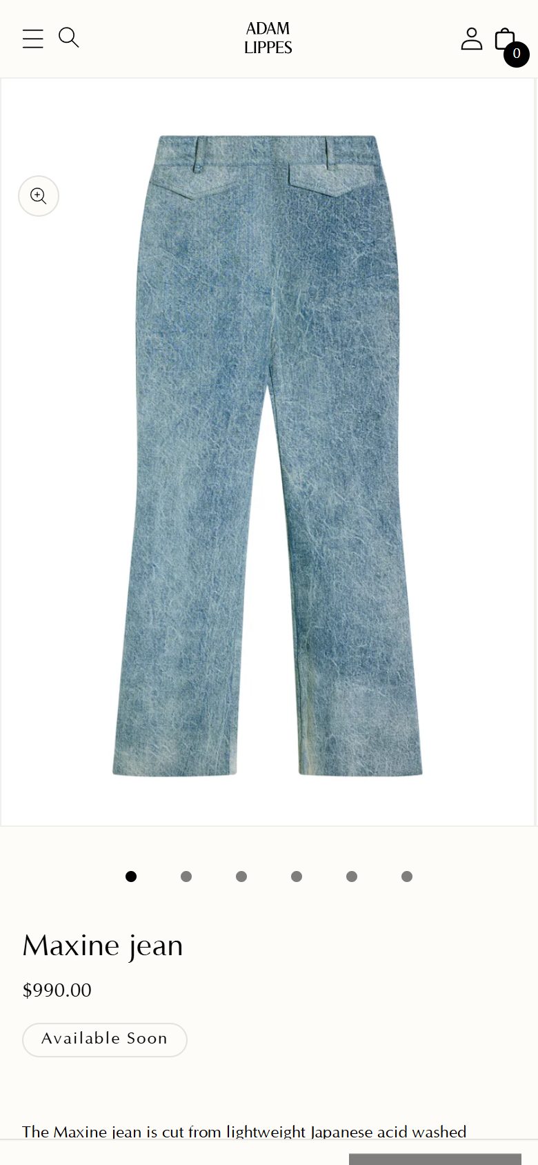 Adam Lippes product page on mobile, Shopify luxury fashion storefront captured at 390 x 844