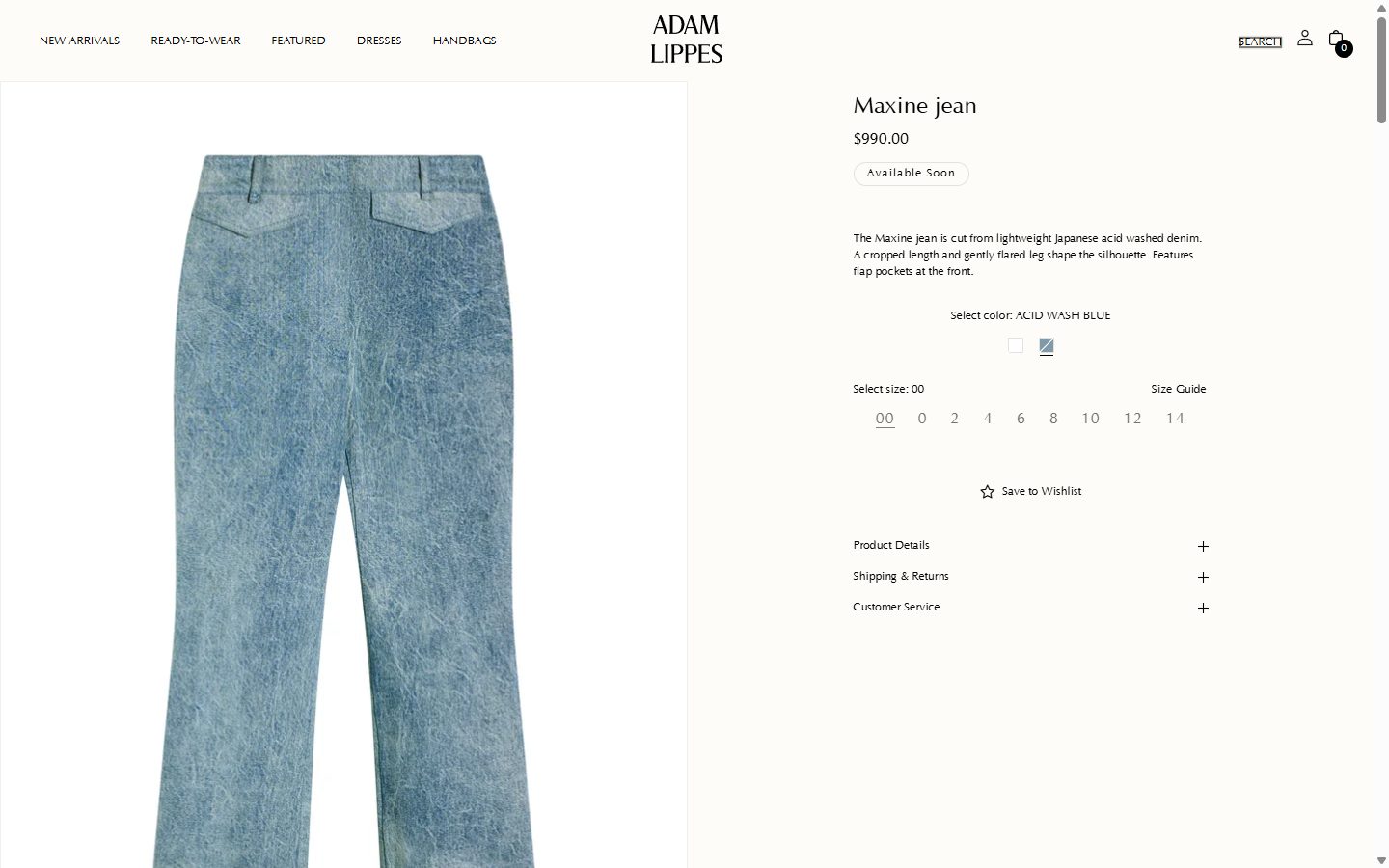 Adam Lippes product page on desktop, Shopify luxury fashion storefront captured at 1440 x 900