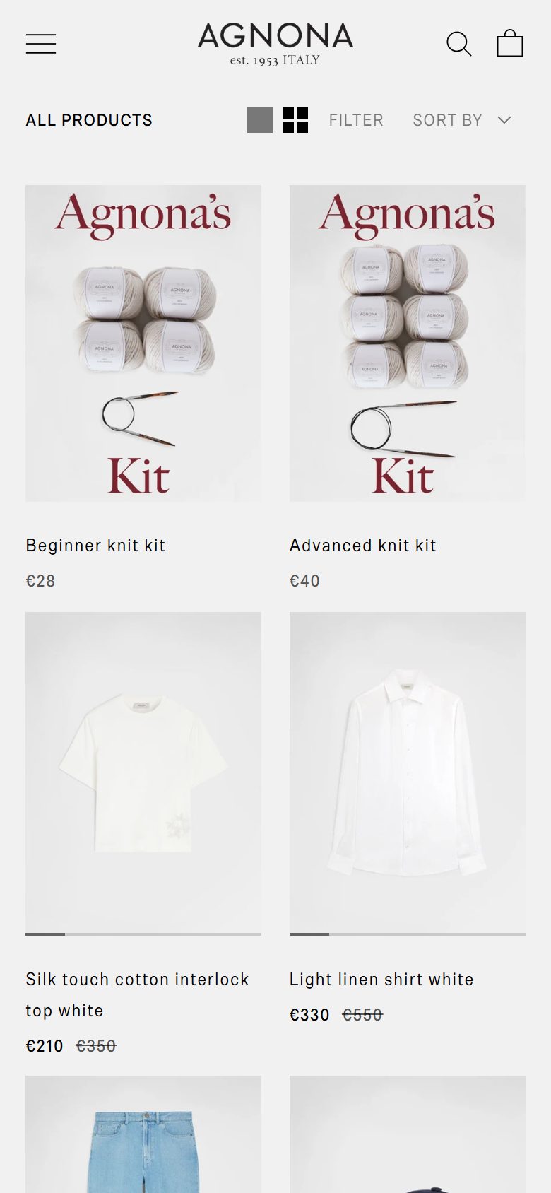 Agnona collection: all products on mobile, Shopify luxury fashion storefront captured at 390 x 844