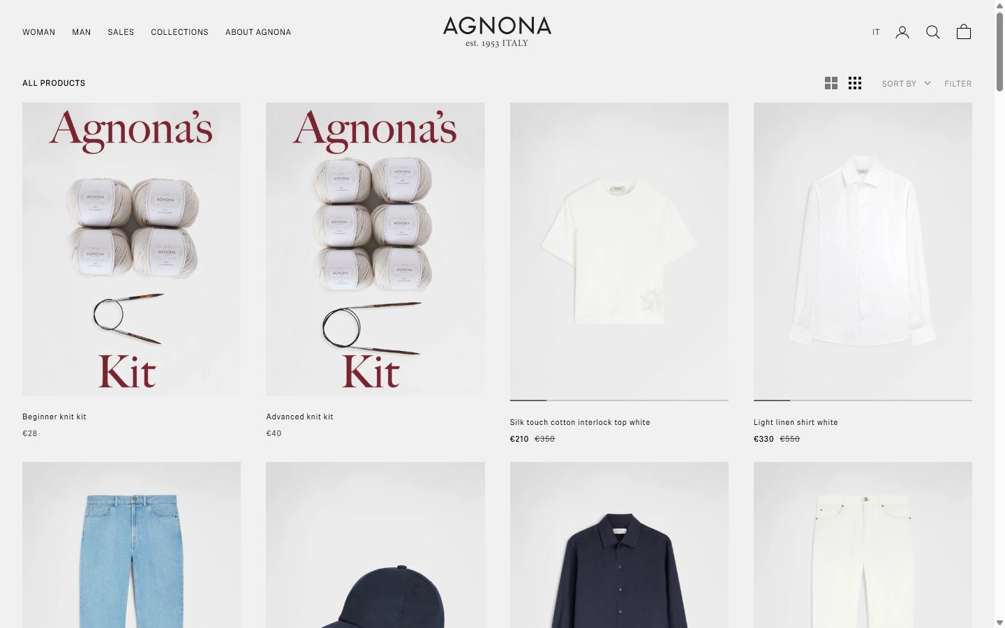 Agnona collection: all products on desktop, Shopify luxury fashion storefront captured at 1440 x 900