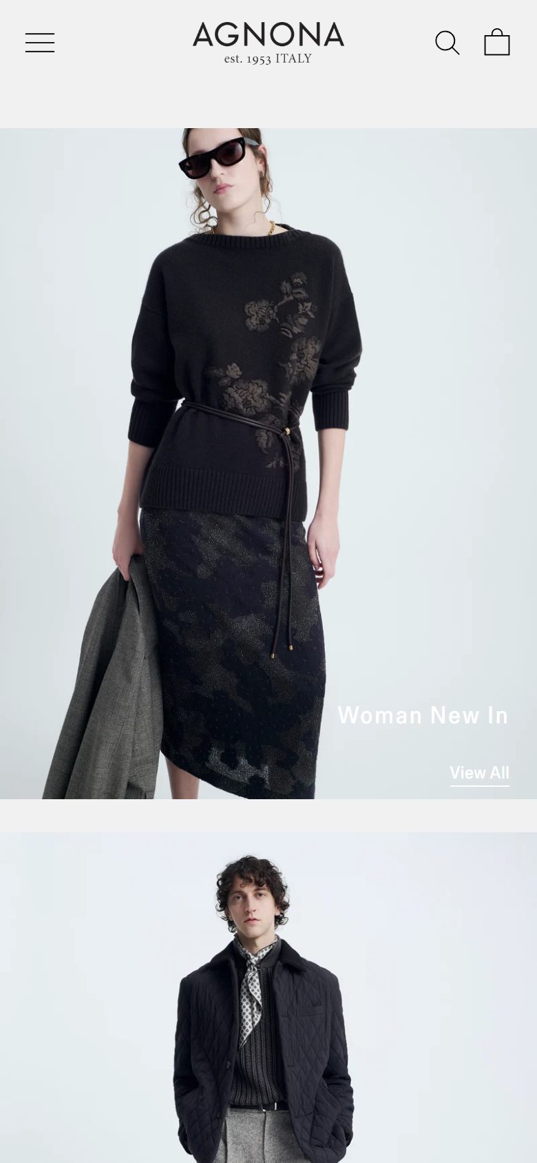Agnona homepage on mobile, Shopify luxury fashion storefront captured at 390 x 844
