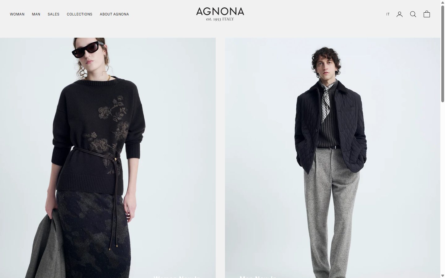 Agnona homepage on desktop, Shopify luxury fashion storefront captured at 1440 x 900