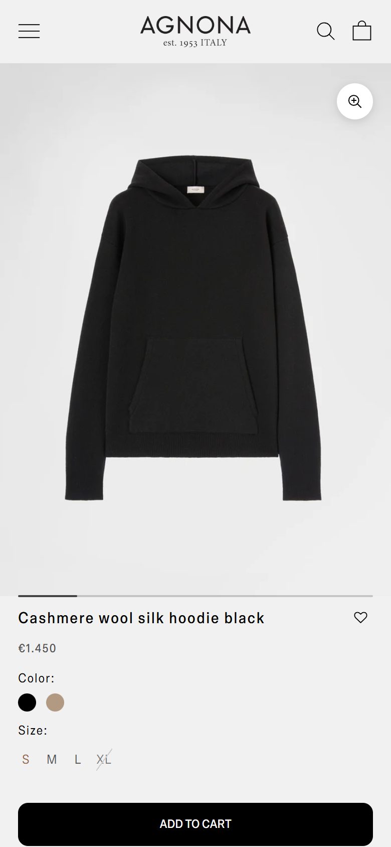 Agnona product page on mobile, Shopify luxury fashion storefront captured at 390 x 844