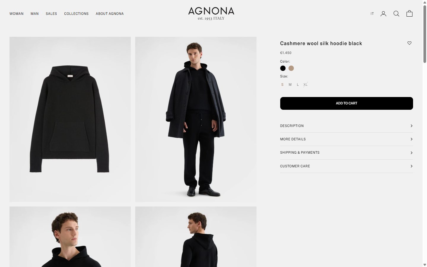 Agnona product page on desktop, Shopify luxury fashion storefront captured at 1440 x 900