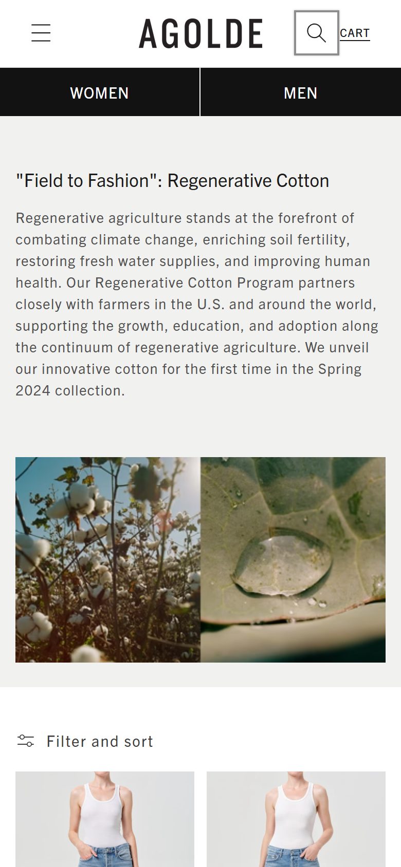 Agolde collection: "field to fashion": regenerative cotton on mobile, Shopify luxury fashion storefront captured at 390 x 844