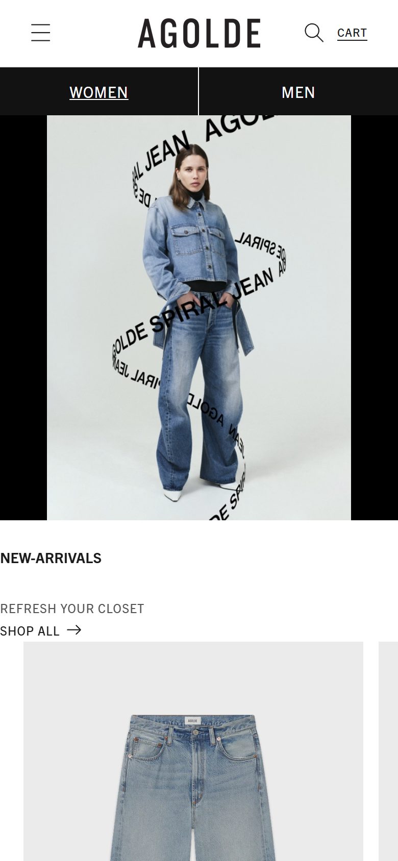 Agolde homepage on mobile, Shopify luxury fashion storefront captured at 390 x 844