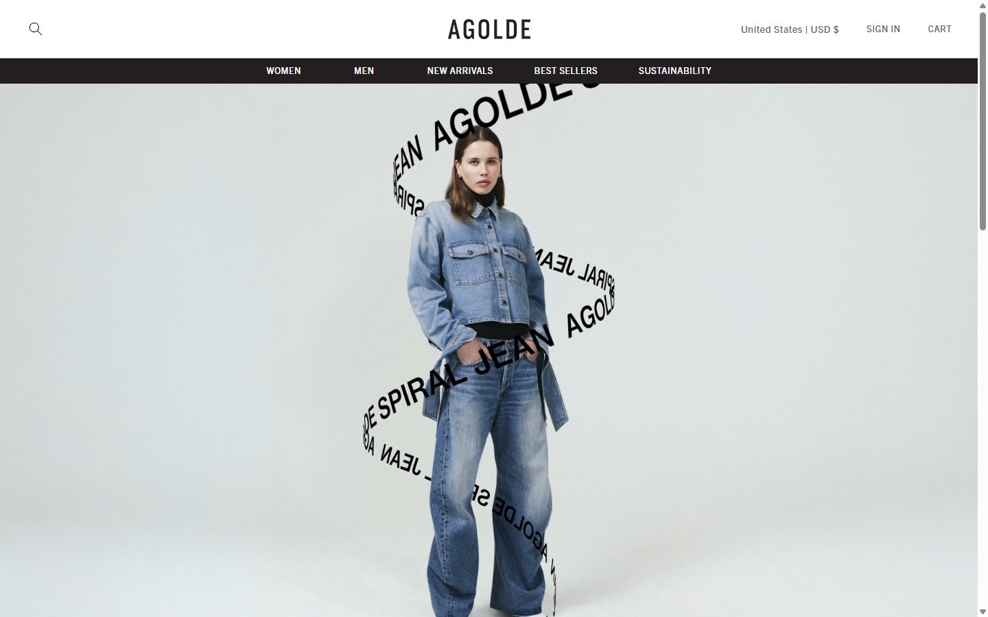 Agolde homepage on desktop, Shopify luxury fashion storefront captured at 1440 x 900