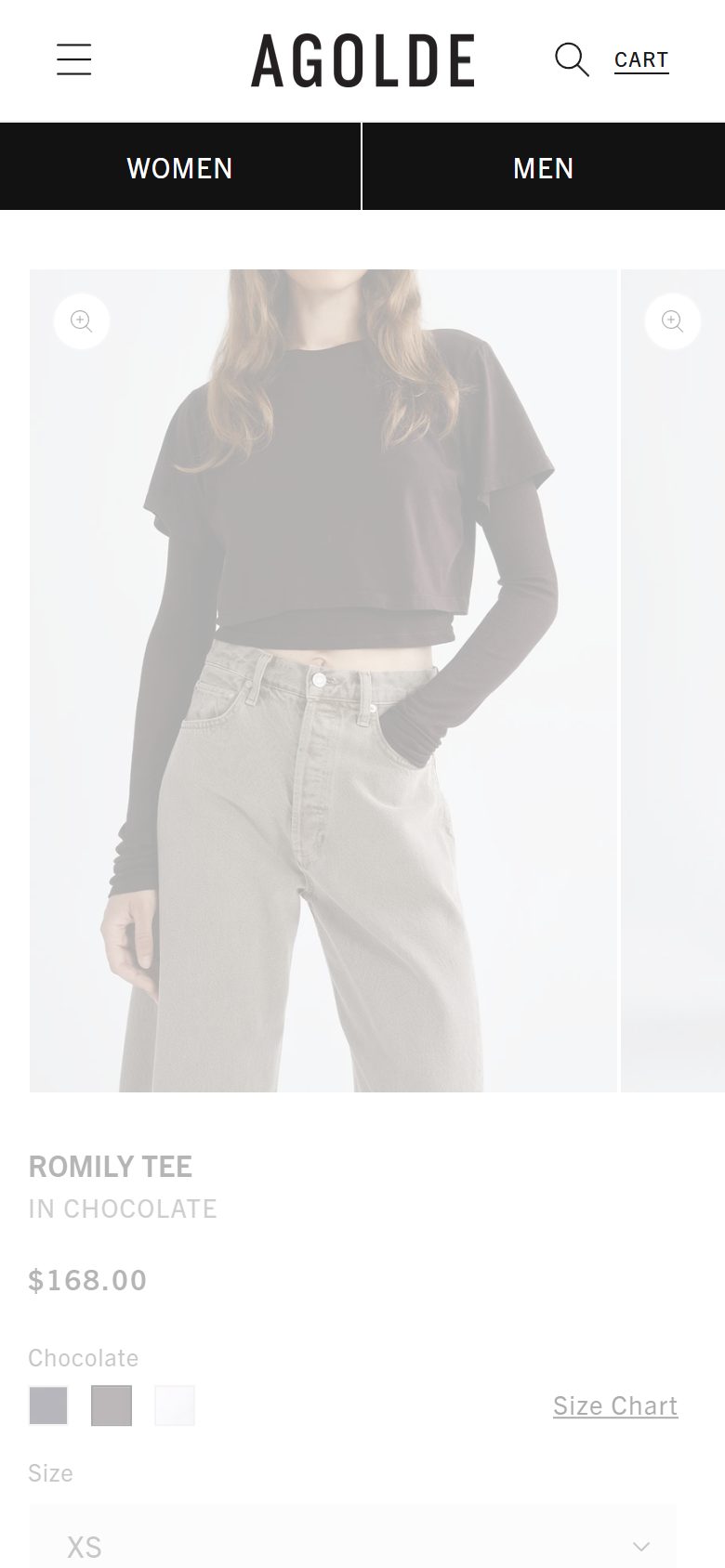 Agolde product page on mobile, Shopify luxury fashion storefront captured at 390 x 844