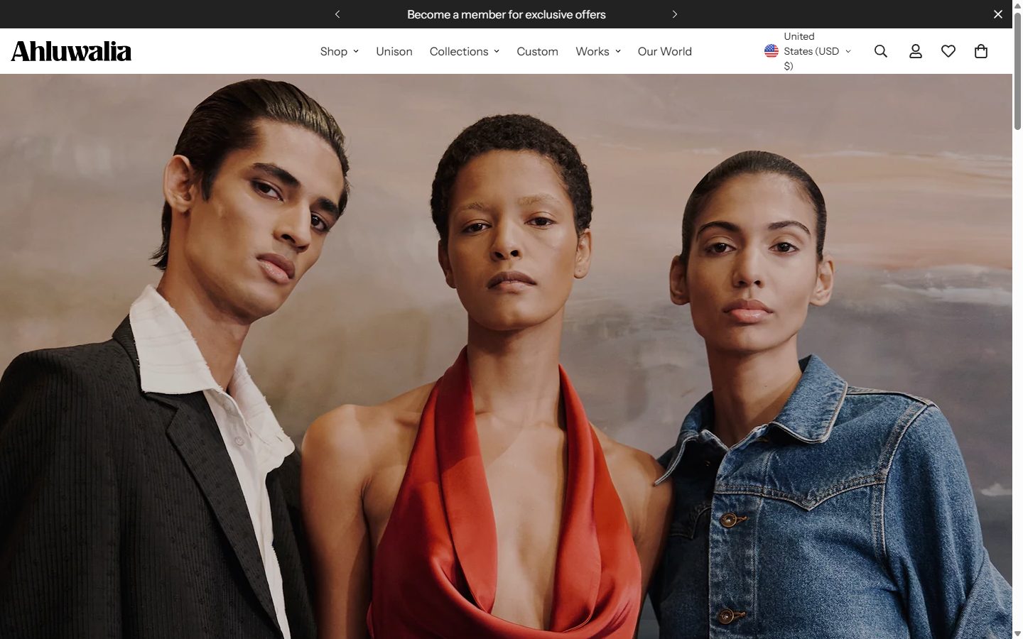 Ahluwalia homepage on desktop, Shopify luxury fashion storefront captured at 1440 x 900