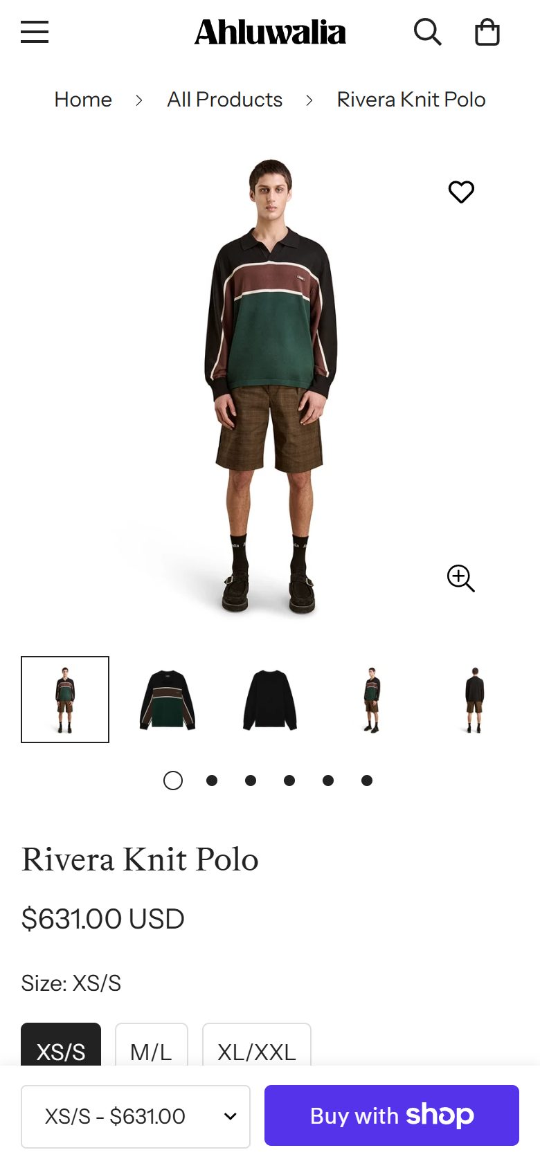 Ahluwalia product page on mobile, Shopify luxury fashion storefront captured at 390 x 844