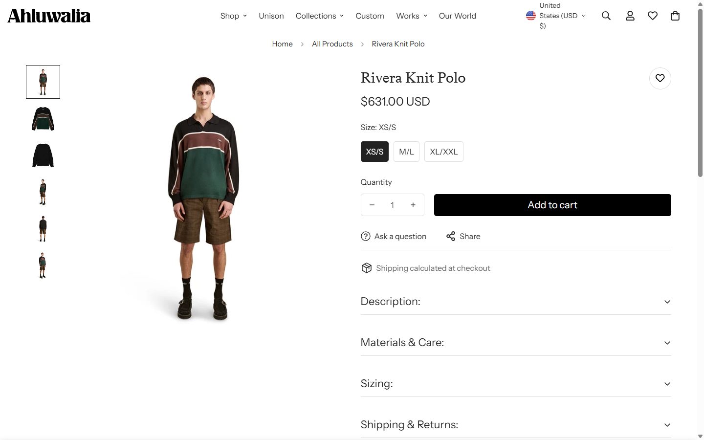Ahluwalia product page on desktop, Shopify luxury fashion storefront captured at 1440 x 900