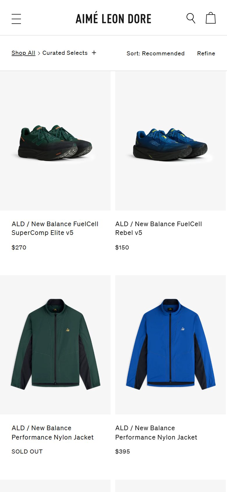 Aime Leon Dore collection: curated selects on mobile, not disclosed luxury fashion storefront captured at 390 x 844