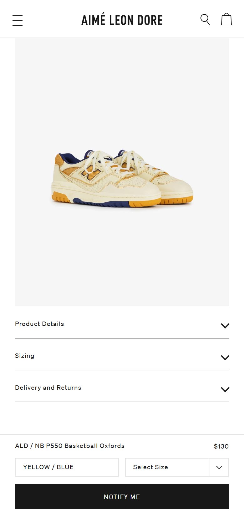 Aime Leon Dore product page on mobile, not disclosed luxury fashion storefront captured at 390 x 844