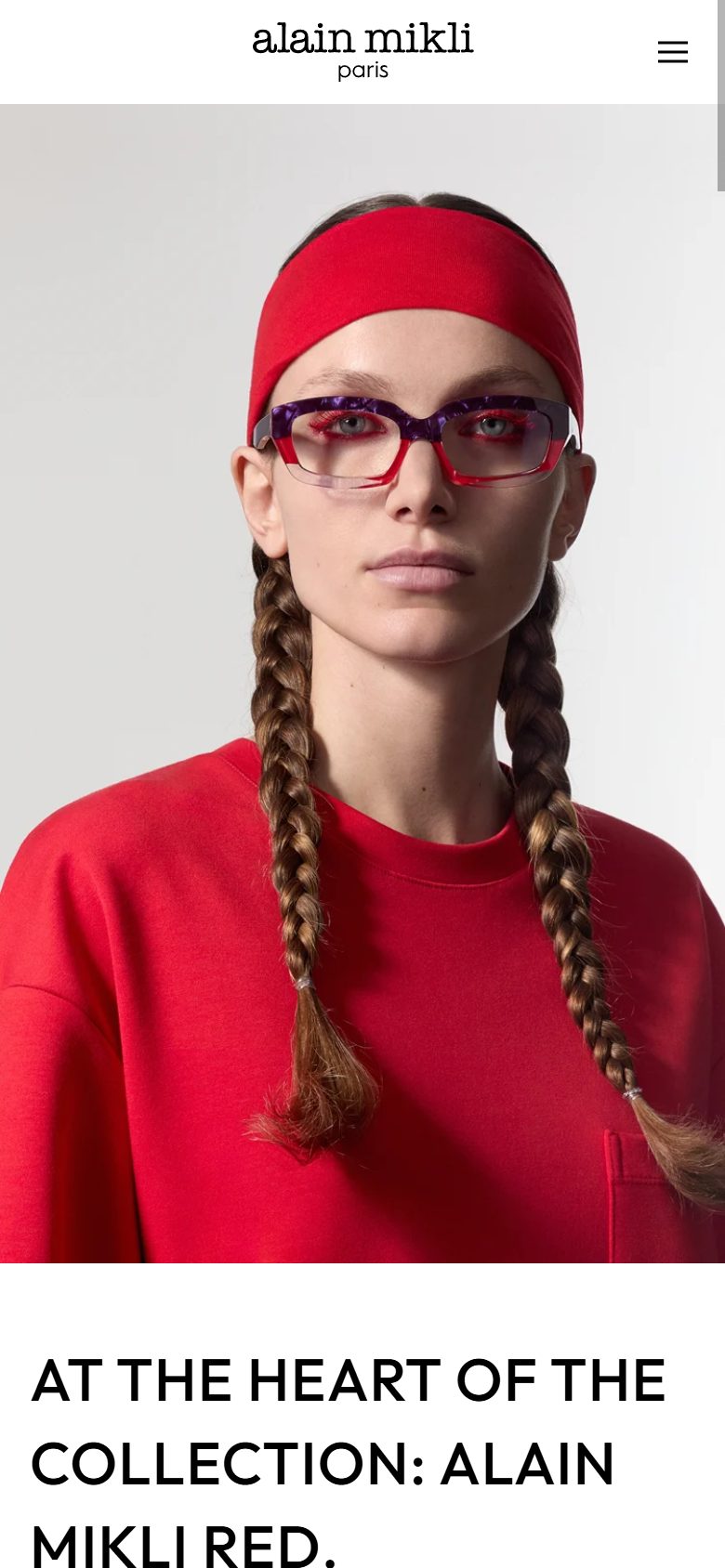 Alain Mikli collection: alain mikli red on mobile, Shopify luxury eyewear storefront captured at 390 x 844