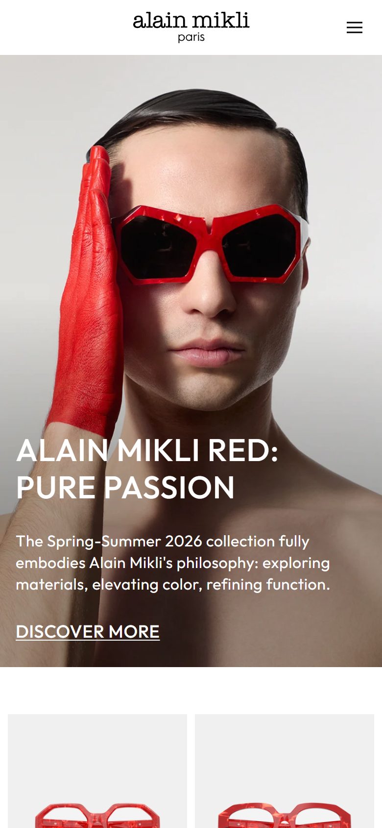 Alain Mikli homepage on mobile, Shopify luxury eyewear storefront captured at 390 x 844