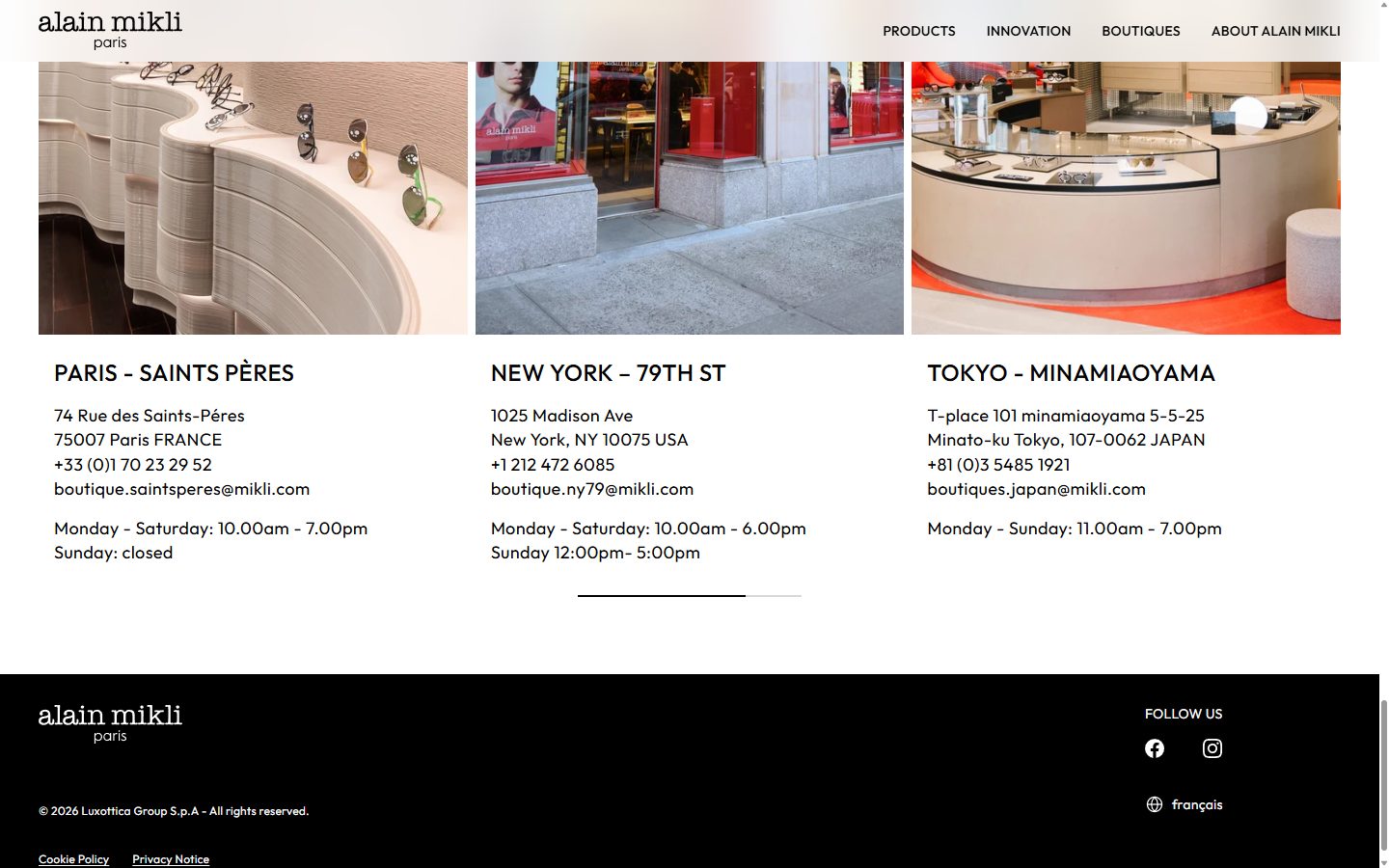 Alain Mikli homepage on desktop, Shopify luxury eyewear storefront captured at 1440 x 900